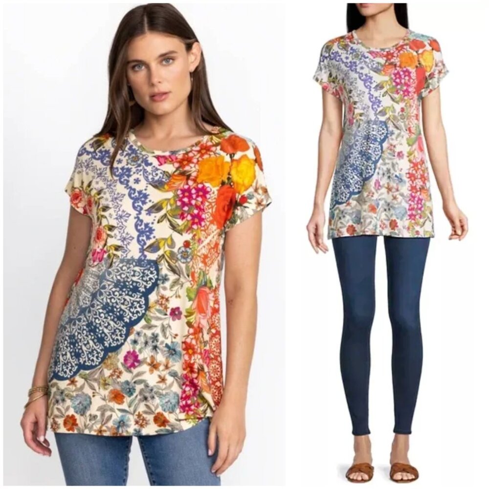 Johnny Was Tango Tunic Top Relaxed Fit Dolman Sleeve Tee Floral Boho Colorful S